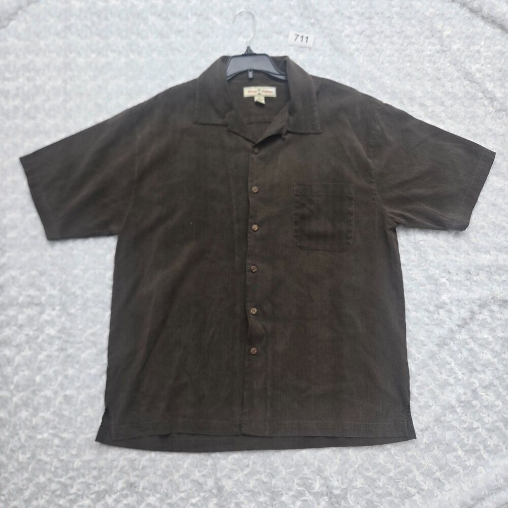 Tommy Bahama Mens Camp Collar Shirt XL Brown Short Sleeve SILK Side Vents